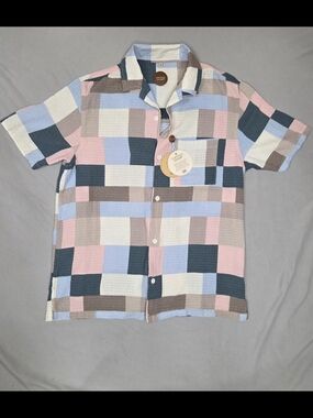 Common People Cubes SS Shirt Mens S Pastel Patchwork Block Plaid Camp Collar NWT